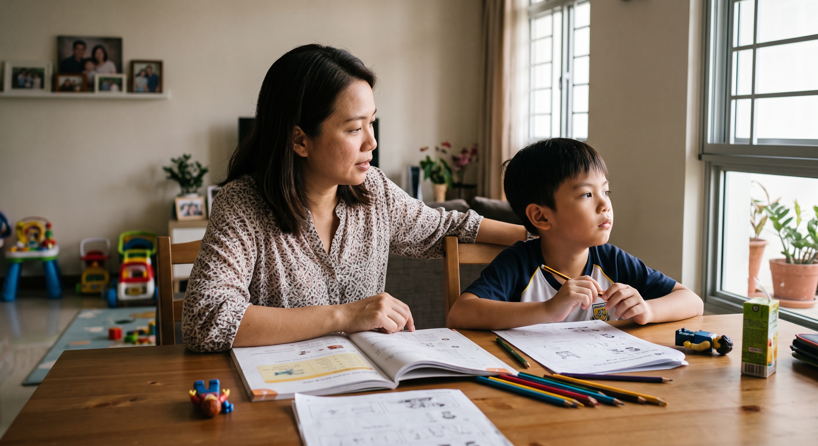 Orang tua dan anak di rumah, dengan perhatian anak yang mudah terganggu atau sedikit gelisah.